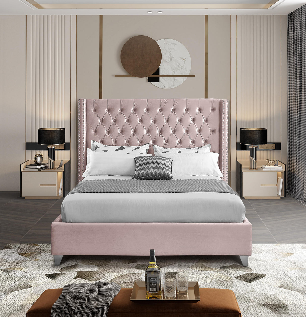 Aiden Pink Velvet Full Bed - galleria furniture outlet