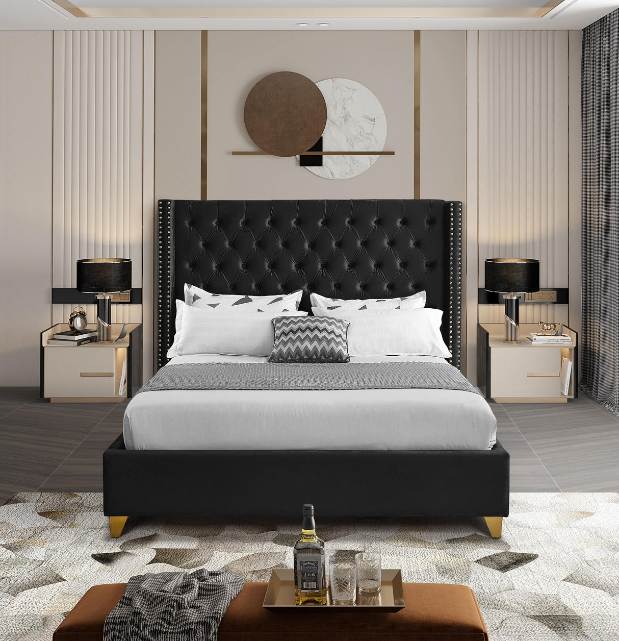 Barolo Black Velvet King Bed - galleria furniture outlet