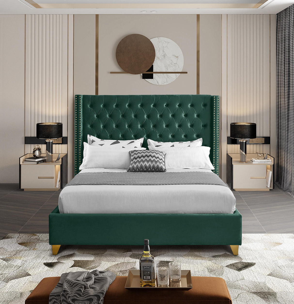 Barolo Green Velvet Queen Bed - galleria furniture outlet