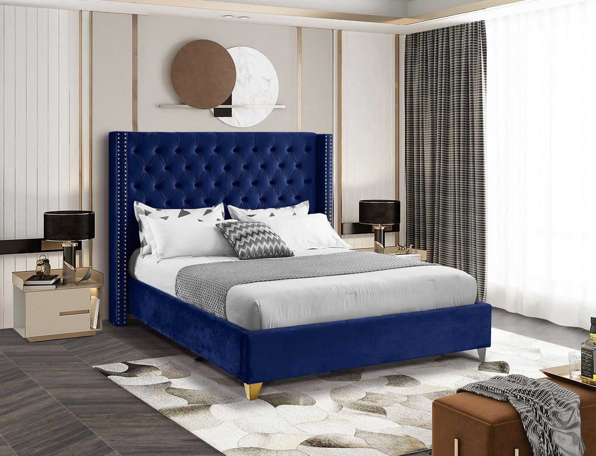 Barolo Navy Velvet King Bed - galleria furniture outlet