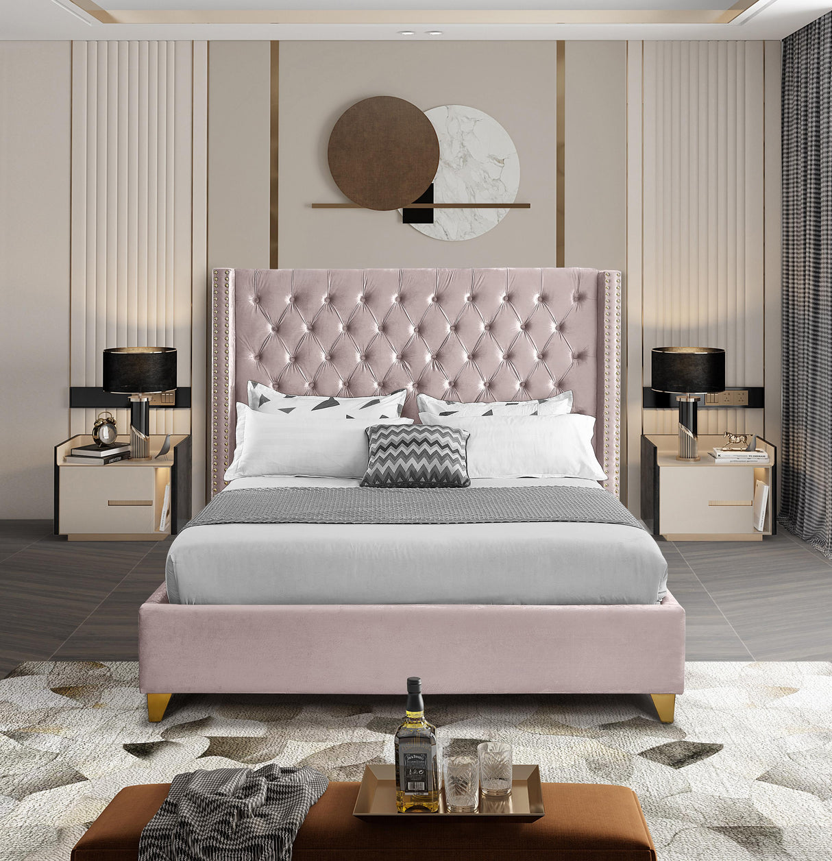 Barolo Pink Velvet Full Bed - galleria furniture outlet