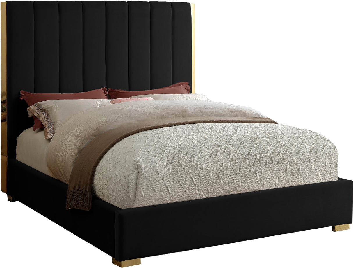 Becca Black Velvet Queen Bed - galleria furniture outlet