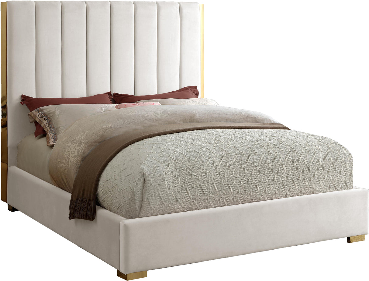 Becca Cream Velvet Queen Bed - galleria furniture outlet