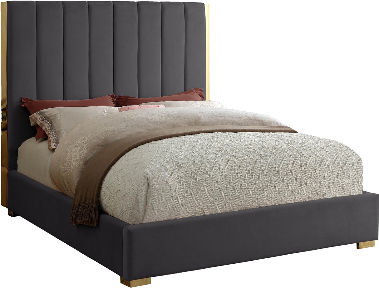 Becca Grey Velvet Queen Bed - galleria furniture outlet