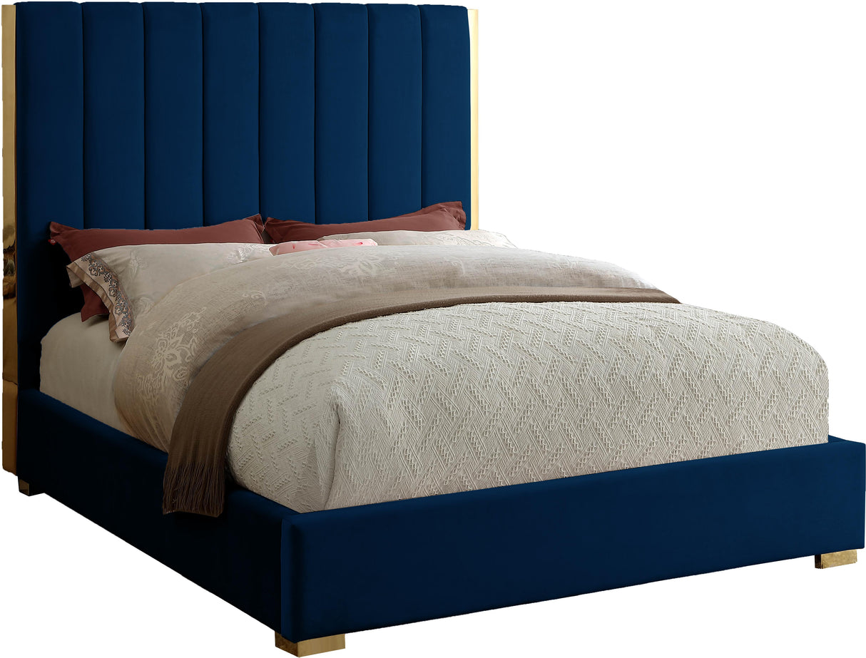 Becca Navy Velvet King Bed - galleria furniture outlet