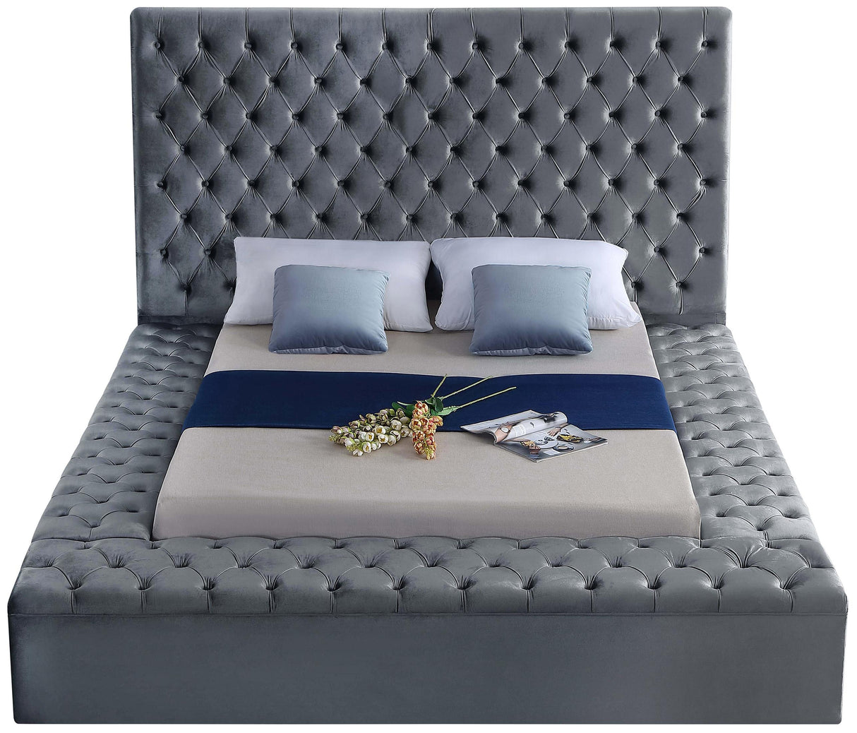 Bliss Grey Velvet Queen Bed (3 Boxes) - galleria furniture outlet