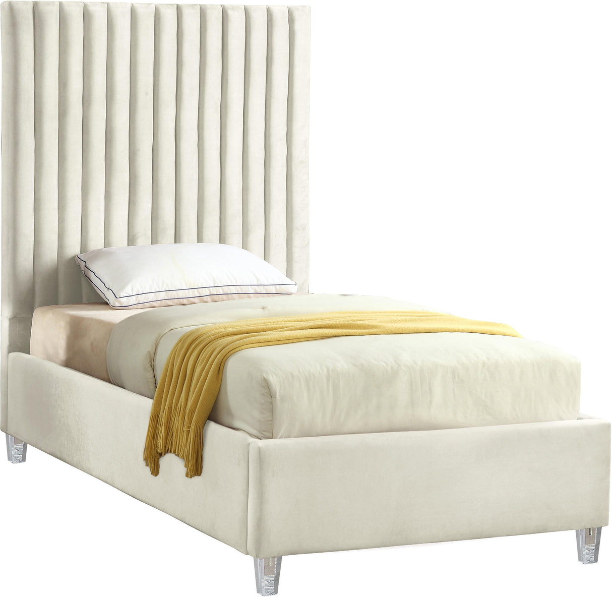 Candace Cream Velvet Twin Bed - galleria furniture outlet