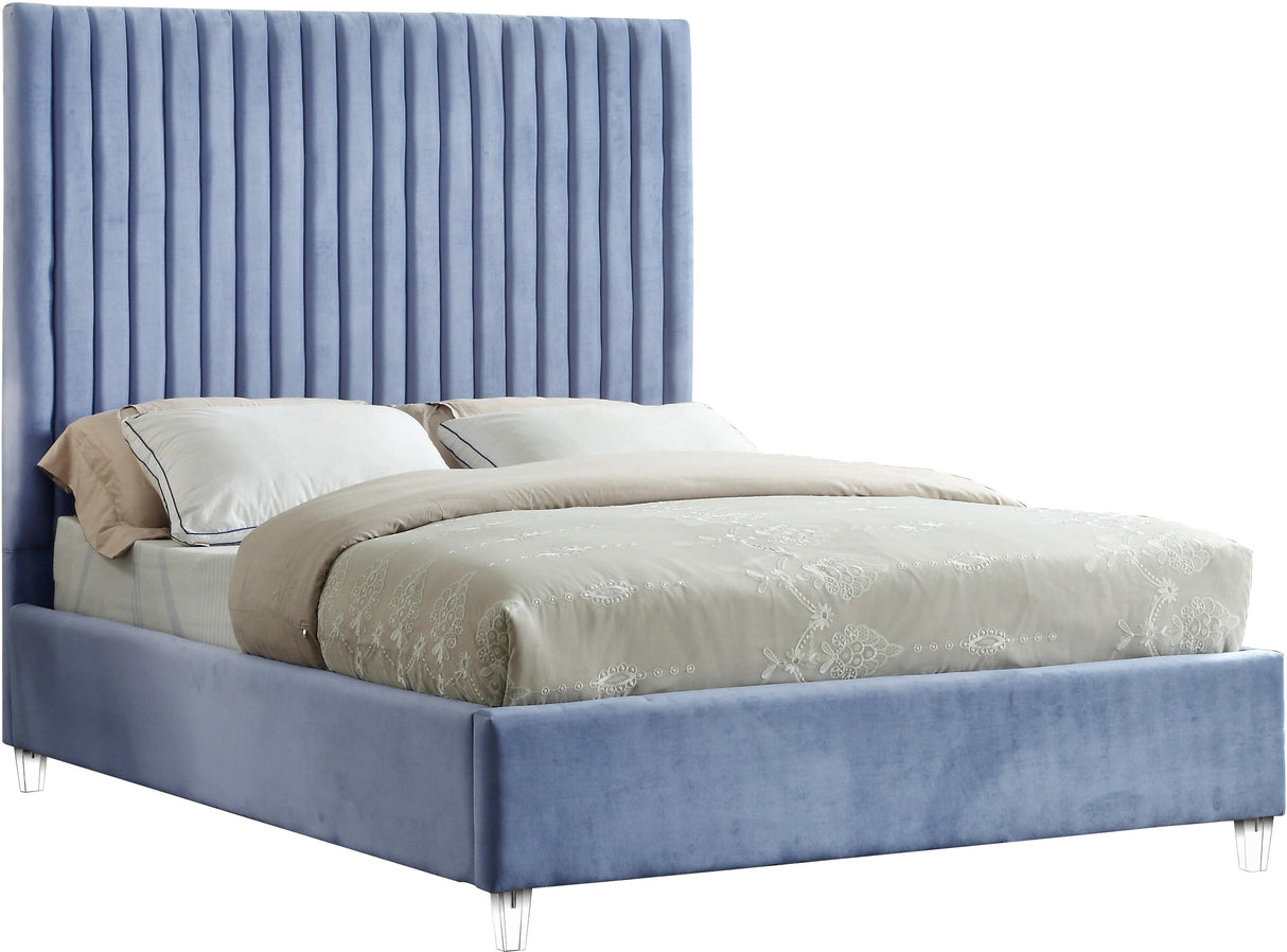 Candace Sky Blue Velvet Queen Bed - galleria furniture outlet