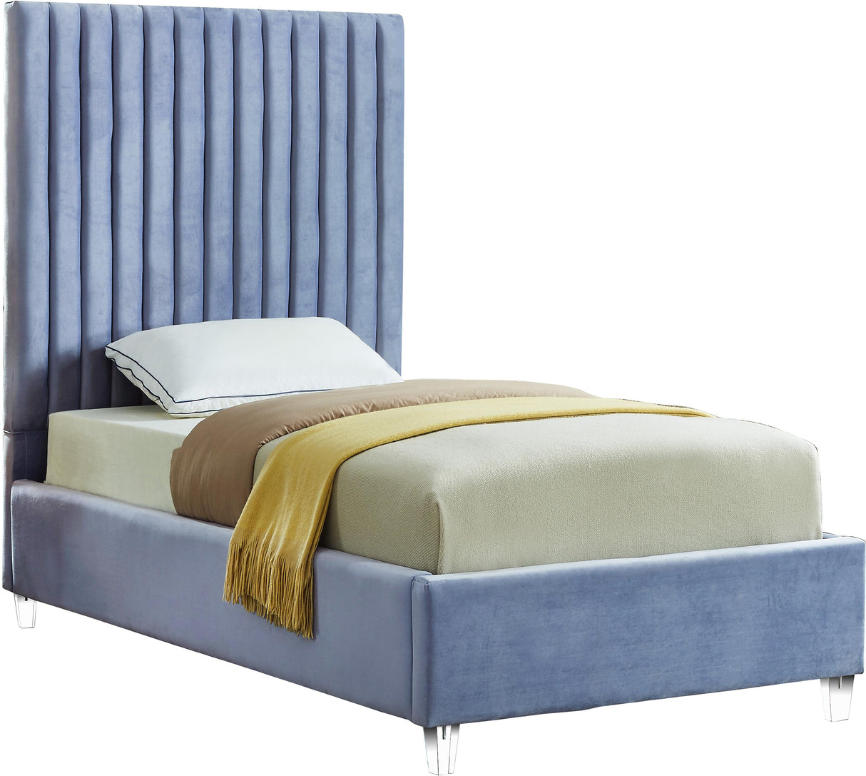 Candace Sky Blue Velvet Twin Bed - galleria furniture outlet