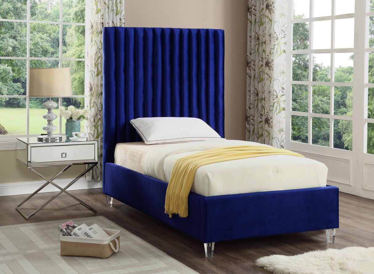 Candace Navy Velvet Twin Bed - galleria furniture outlet