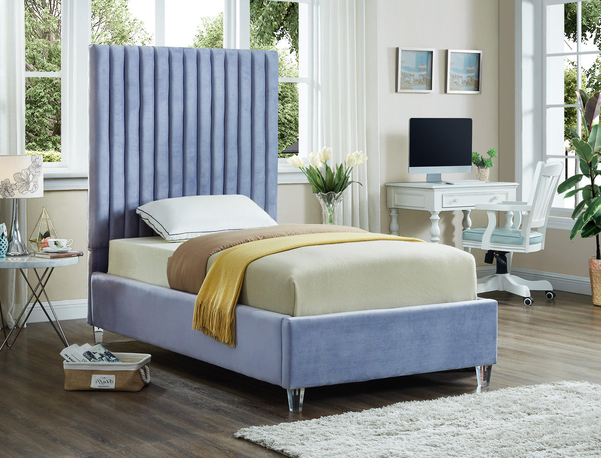 Candace Sky Blue Velvet Twin Bed - galleria furniture outlet