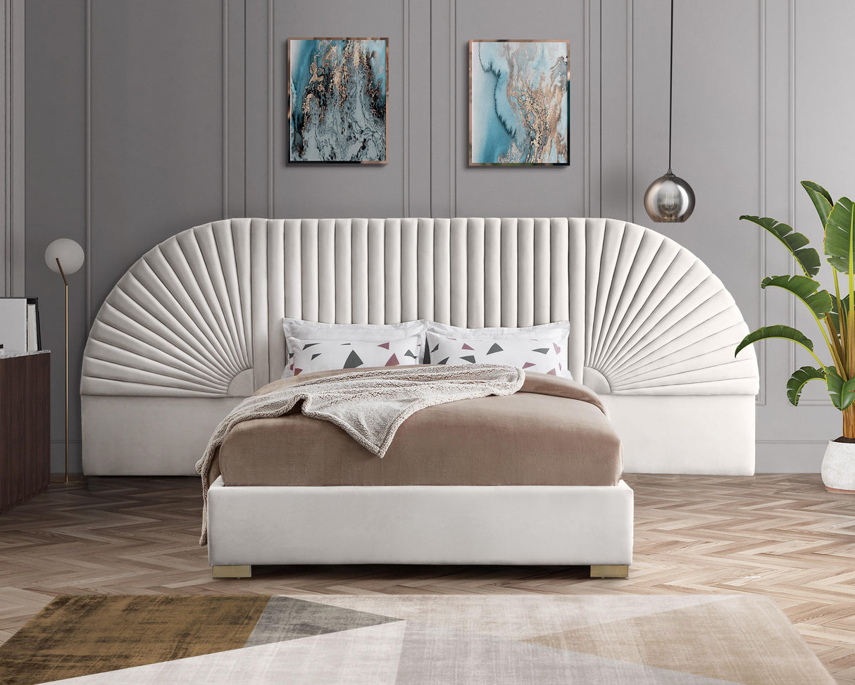 Cleo Cream Velvet Queen Bed (3 Boxes) - galleria furniture outlet