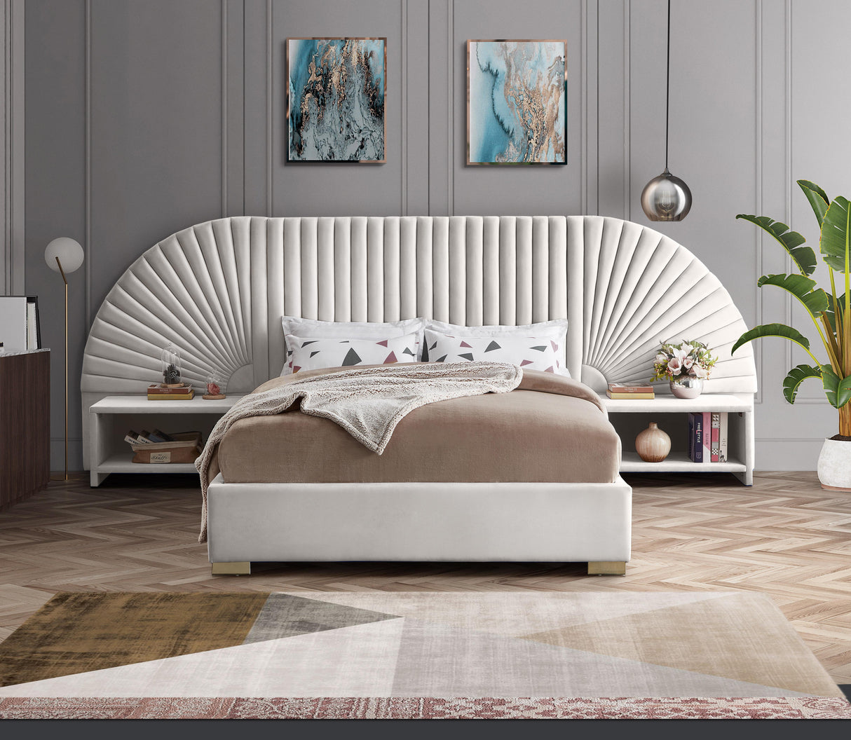 Cleo Cream Velvet King Bed (3 Boxes) - galleria furniture outlet
