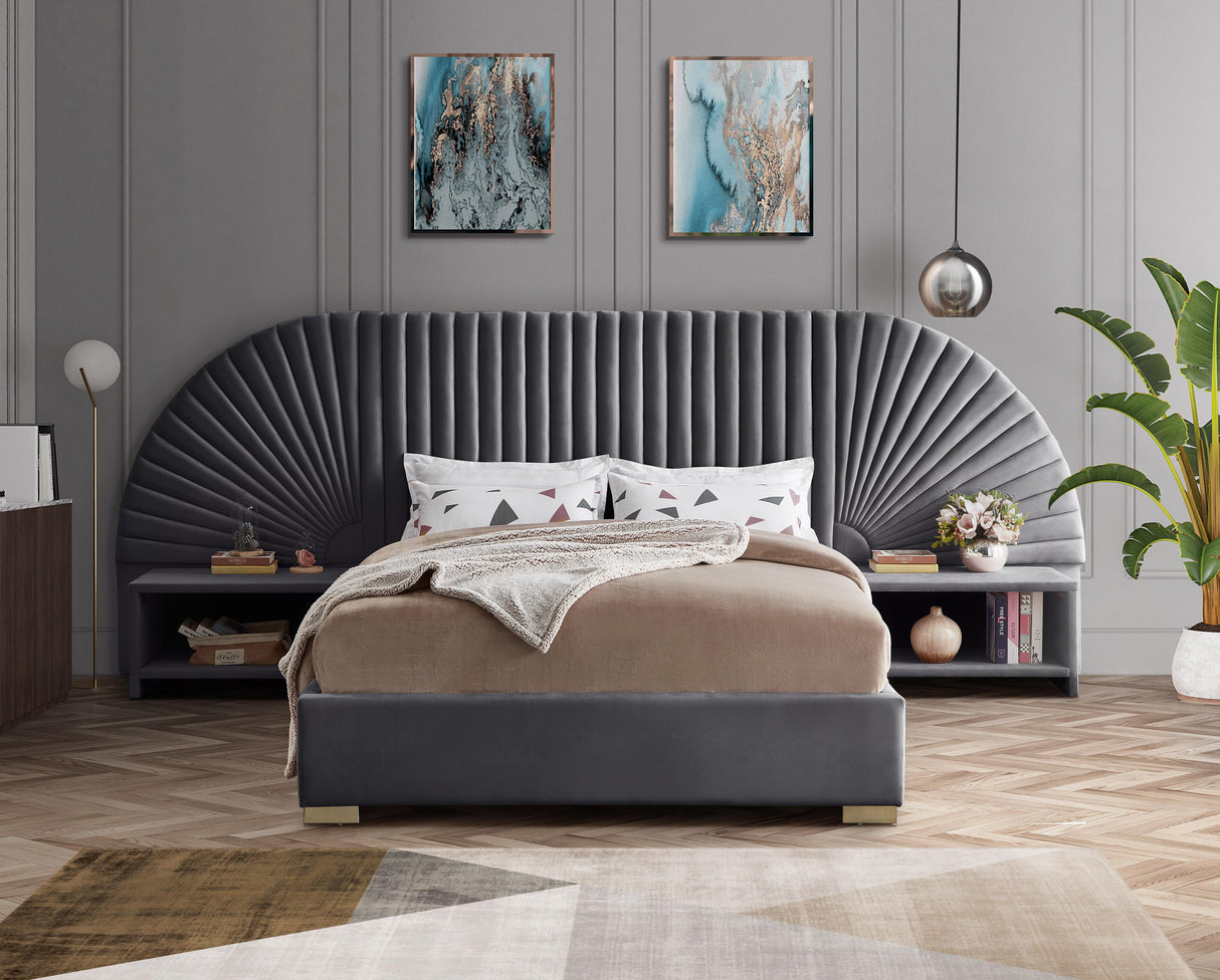Cleo Grey Velvet Queen Bed (3 Boxes) - galleria furniture outlet