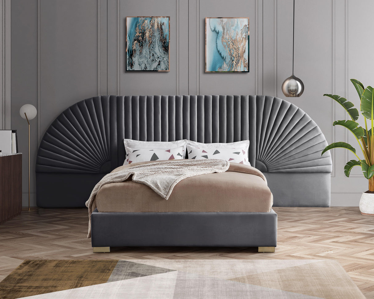 Cleo Grey Velvet Queen Bed (3 Boxes) - galleria furniture outlet