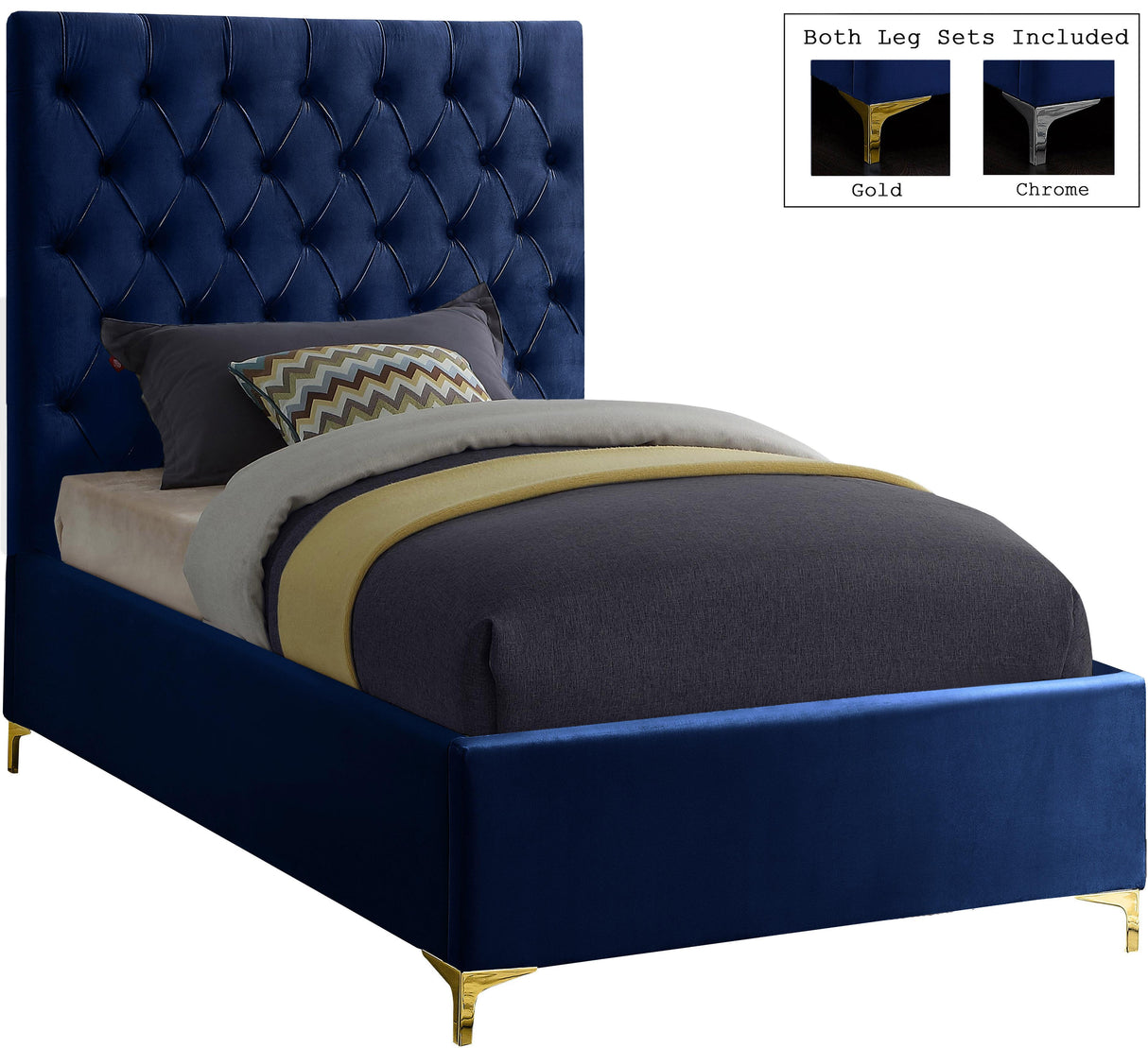 Cruz Navy Velvet Twin Bed - galleria furniture outlet
