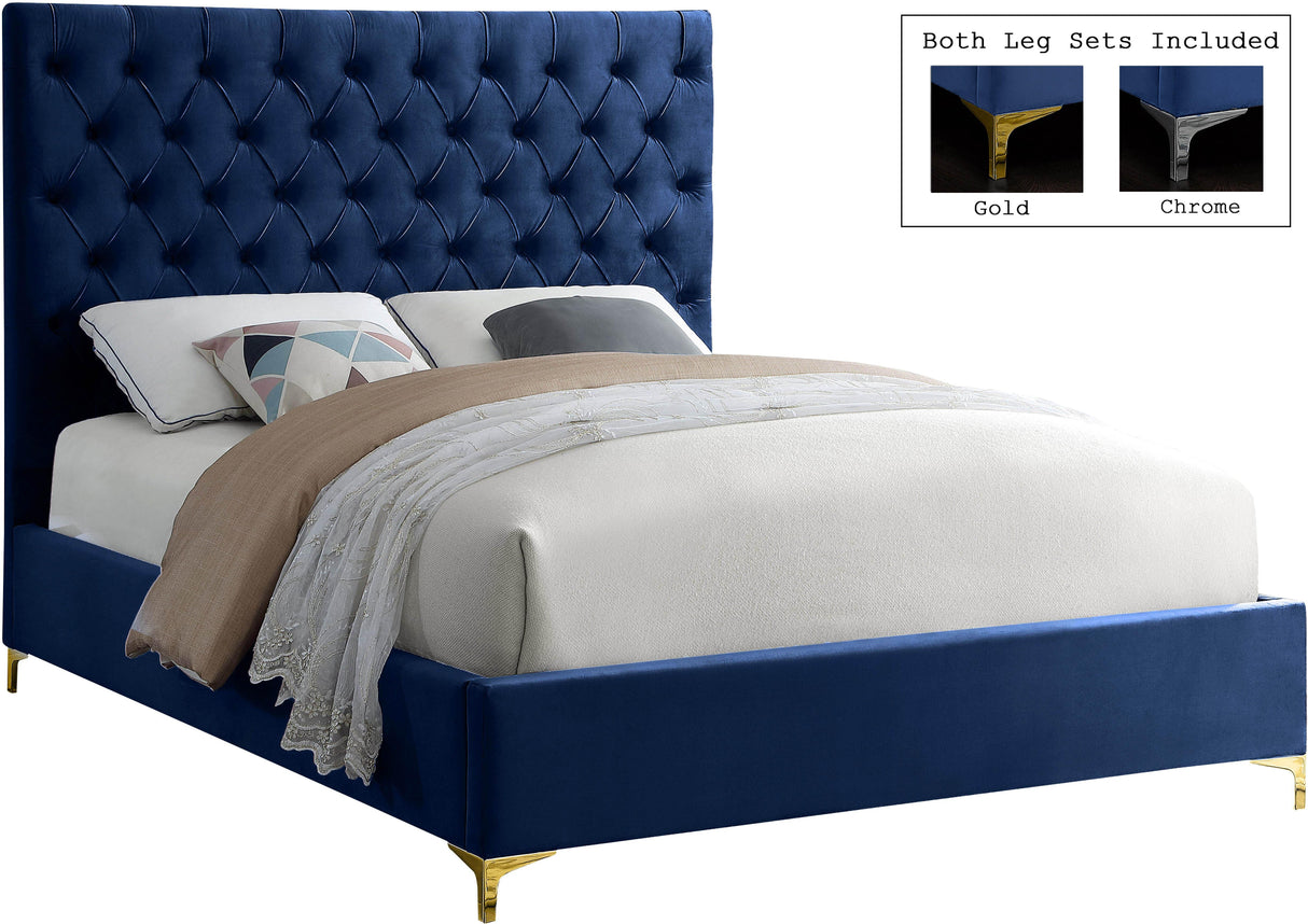 Cruz Navy Velvet Queen Bed - galleria furniture outlet