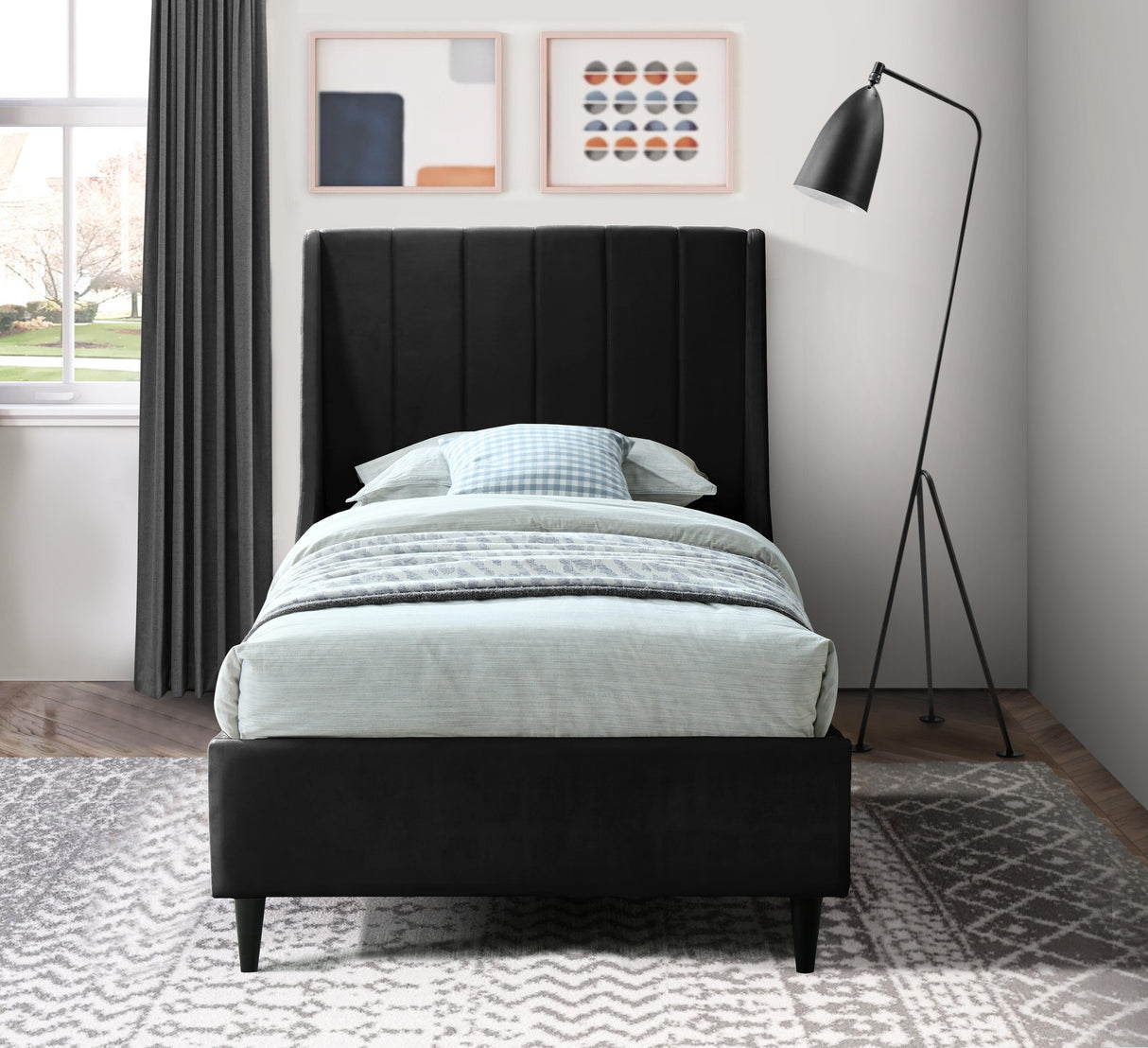 Eva Black Velvet Twin Bed - galleria furniture outlet