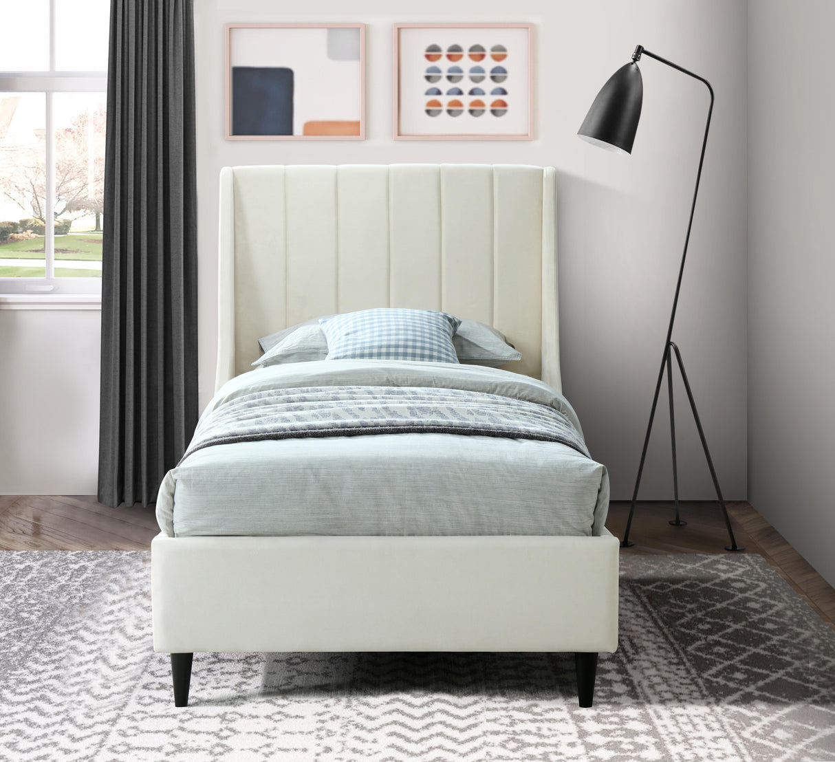Eva Cream Velvet Twin Bed - galleria furniture outlet