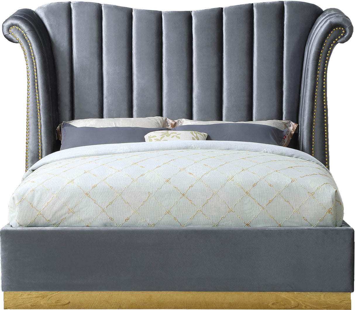 Flora Grey Velvet King Bed (3 Boxes) - galleria furniture outlet
