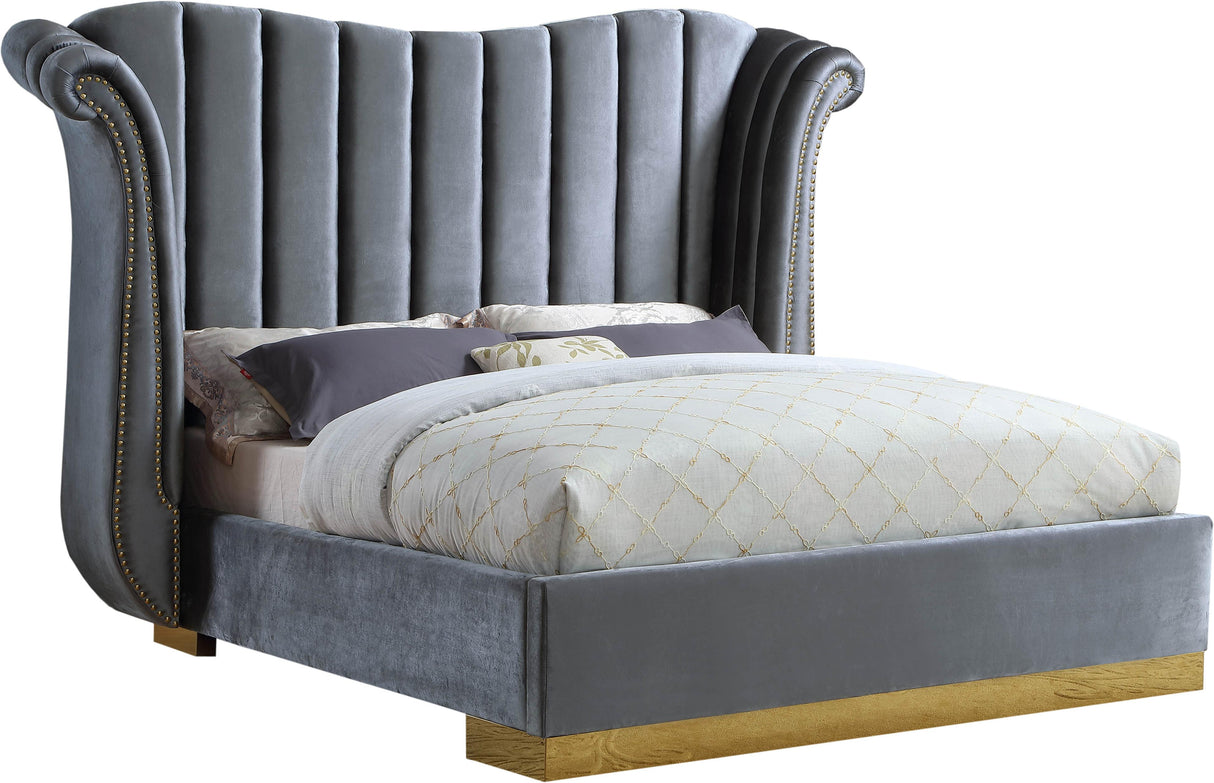 Flora Grey Velvet King Bed (3 Boxes) - galleria furniture outlet