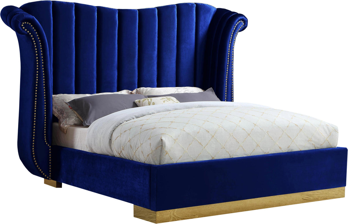 Flora Navy Velvet King Bed (3 Boxes) - galleria furniture outlet