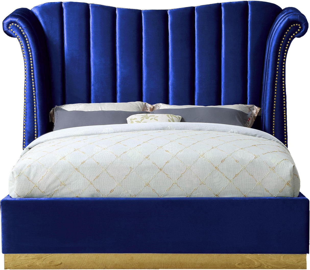 Flora Navy Velvet King Bed (3 Boxes) - galleria furniture outlet