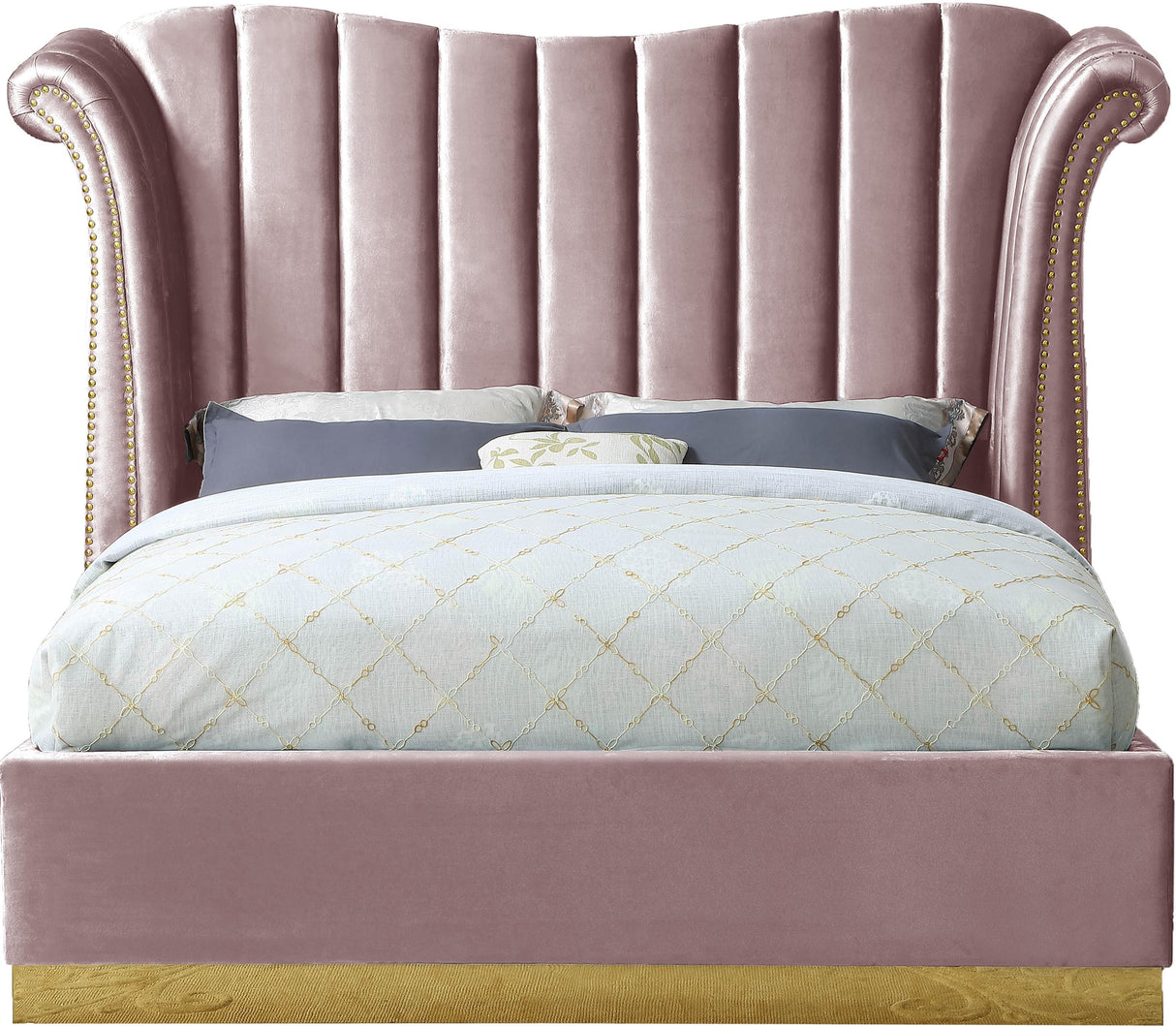 Flora Pink Velvet Queen Bed (3 Boxes) - galleria furniture outlet