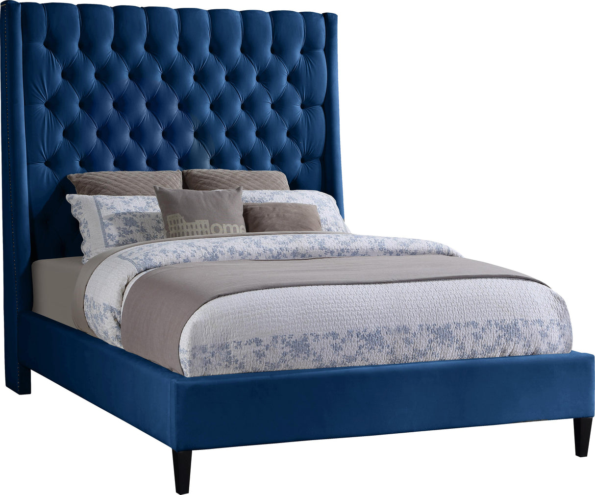 Fritz Navy Velvet Queen Bed - galleria furniture outlet