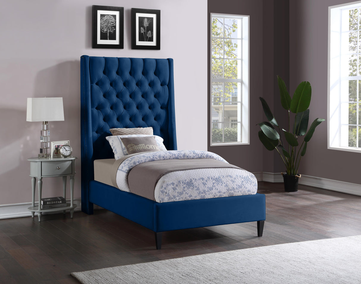 Fritz Navy Velvet Twin Bed - galleria furniture outlet