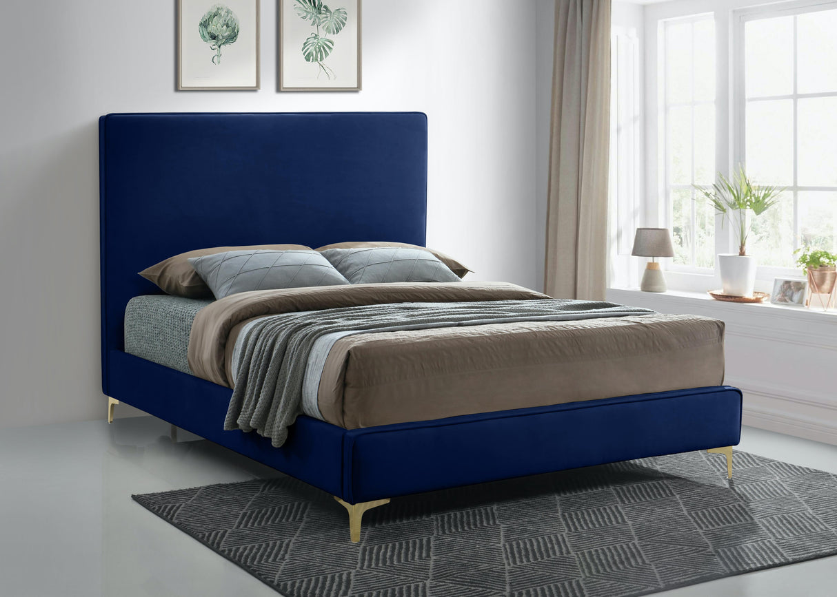 Geri Navy Velvet Queen Bed - galleria furniture outlet