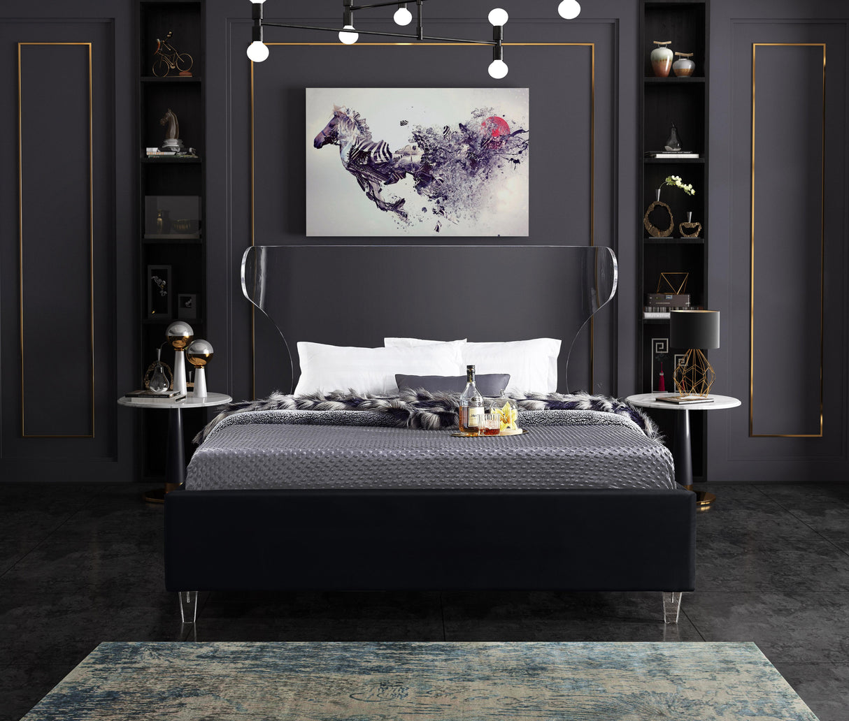 Ghost Black Velvet Queen Bed - galleria furniture outlet