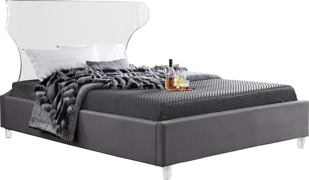 Ghost Grey Velvet Queen Bed - galleria furniture outlet