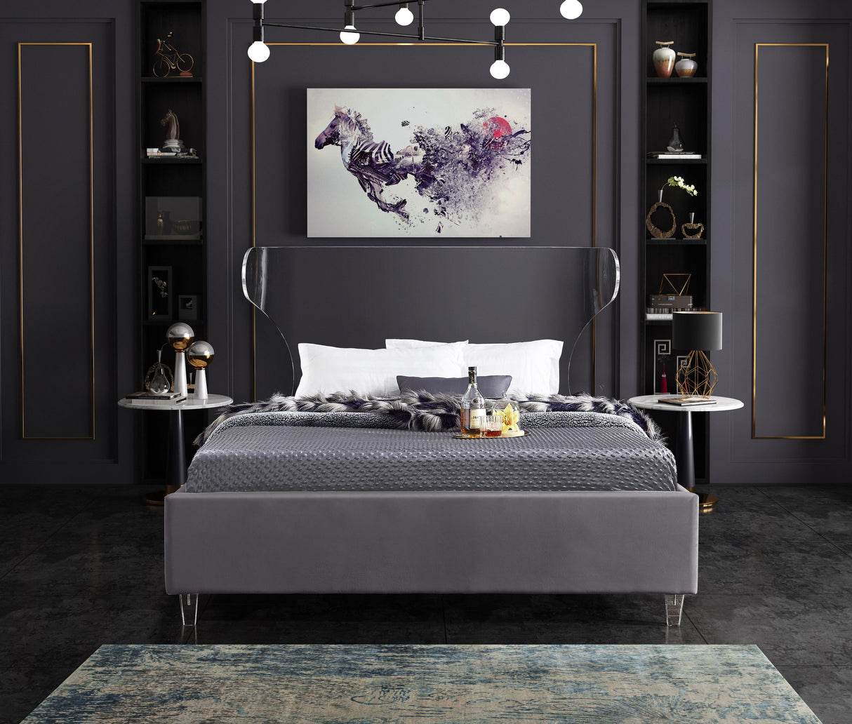 Ghost Grey Velvet Queen Bed - galleria furniture outlet