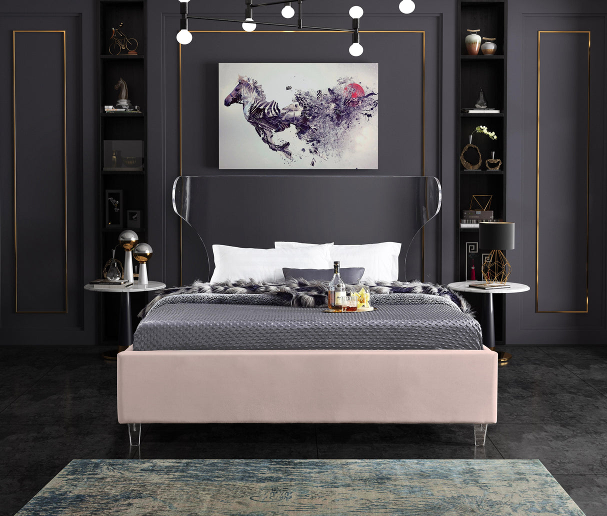Ghost Pink Velvet Full Bed - galleria furniture outlet