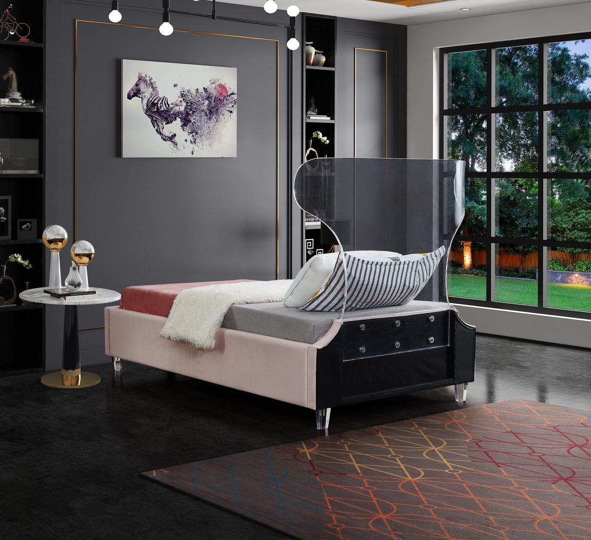 Ghost Pink Velvet Twin Bed - galleria furniture outlet