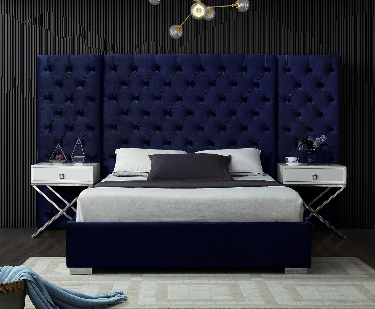 Grande Navy Velvet Queen Bed (3 Boxes) - galleria furniture outlet