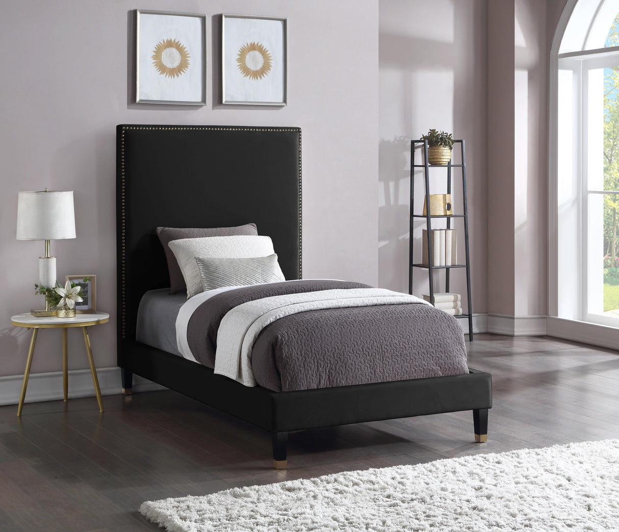 Harlie Black Velvet Twin Bed - galleria furniture outlet