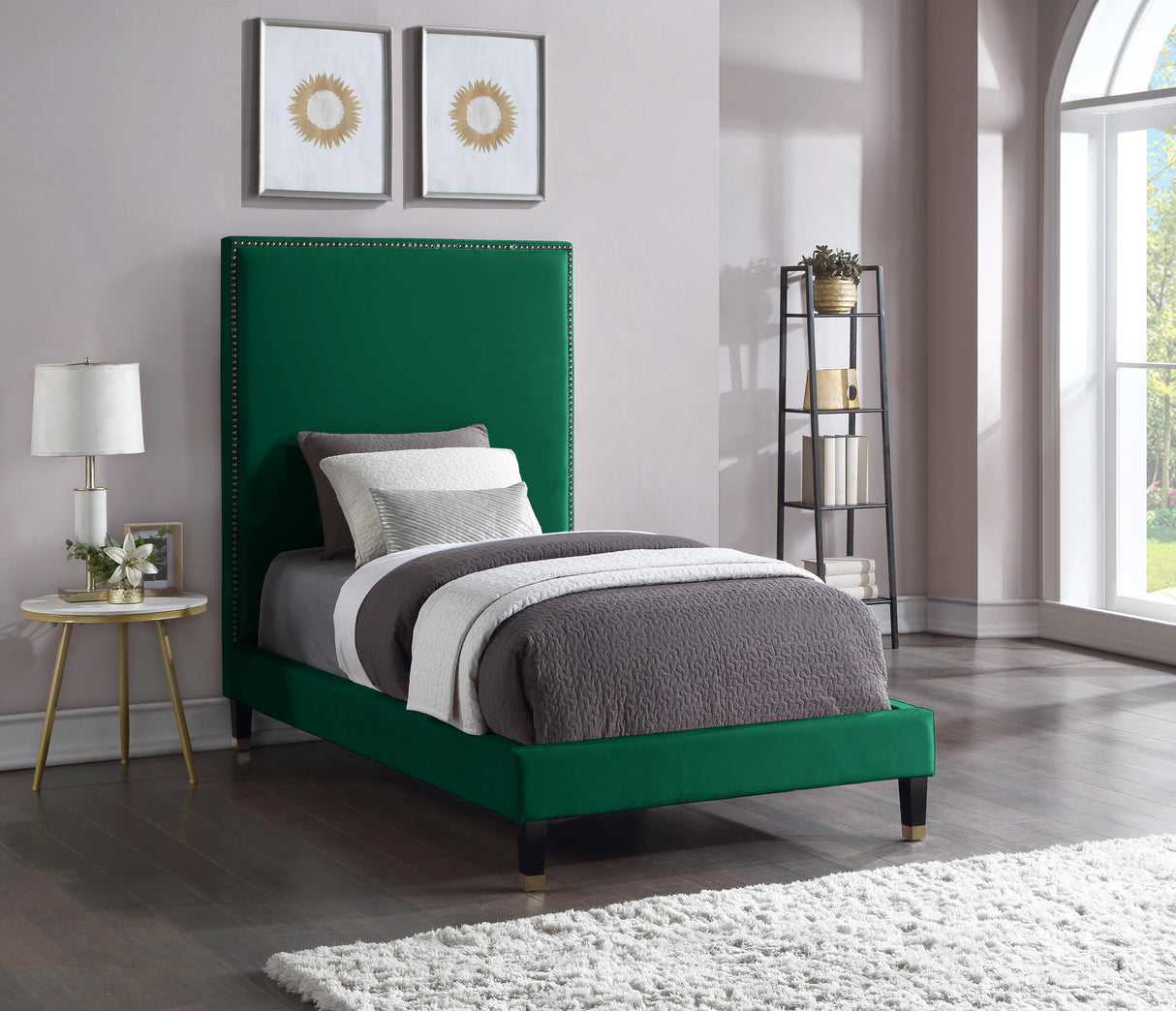 Harlie Green Velvet Twin Bed - galleria furniture outlet