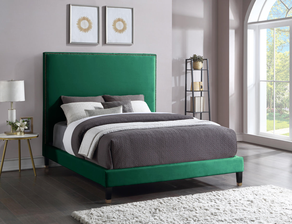 Harlie Green Velvet Queen Bed - galleria furniture outlet