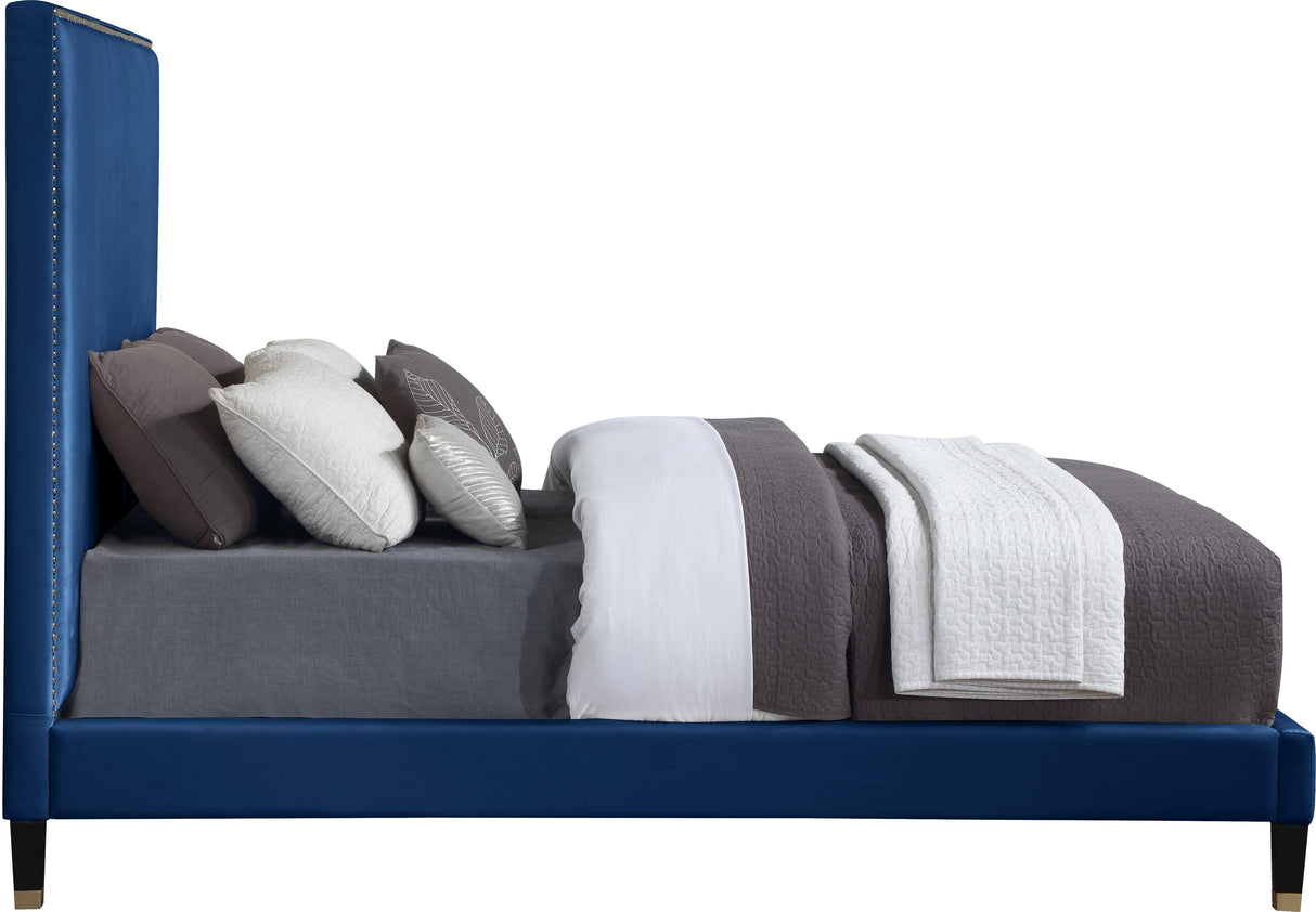 Harlie Navy Velvet Queen Bed - galleria furniture outlet