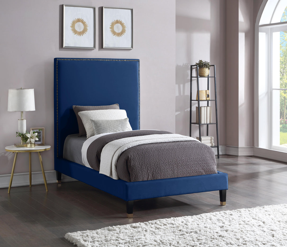 Harlie Navy Velvet Twin Bed - galleria furniture outlet