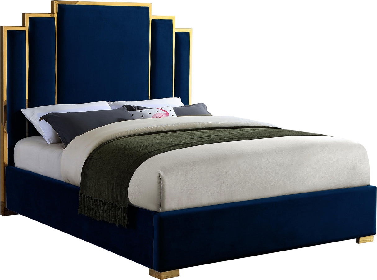 Hugo Navy Velvet Queen Bed - galleria furniture outlet
