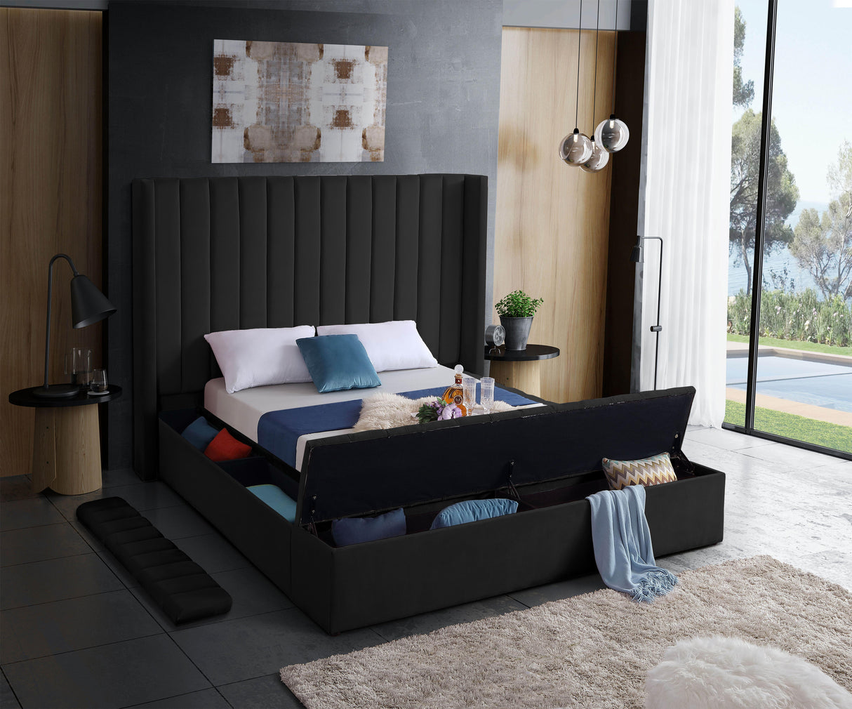 Kiki Black Velvet Queen Bed (3 Boxes) - galleria furniture outlet