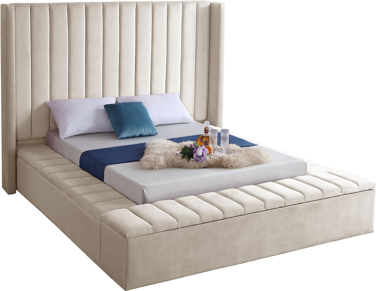 Kiki Cream Velvet King Bed (3 Boxes) - galleria furniture outlet