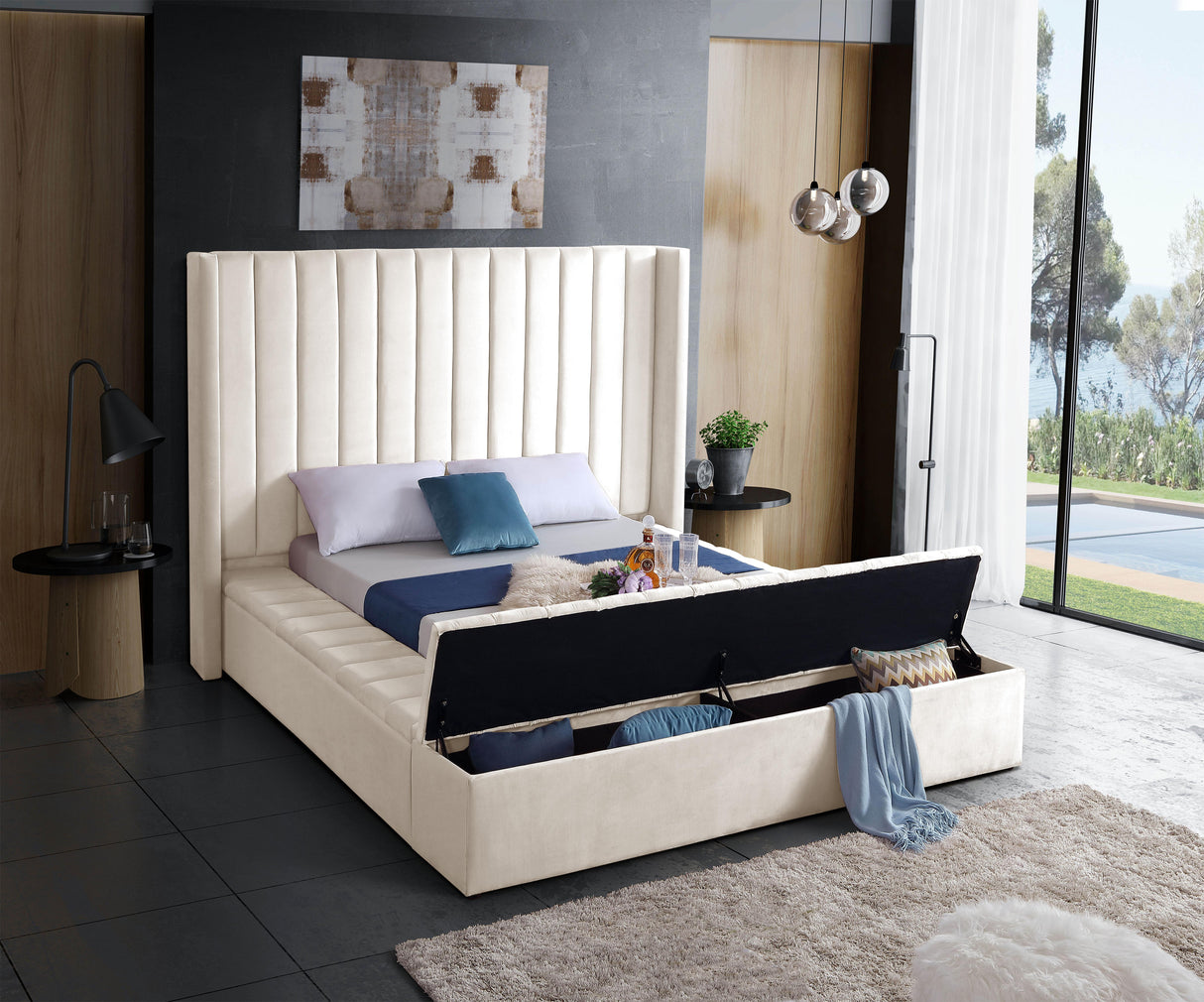 Kiki Cream Velvet King Bed (3 Boxes) - galleria furniture outlet