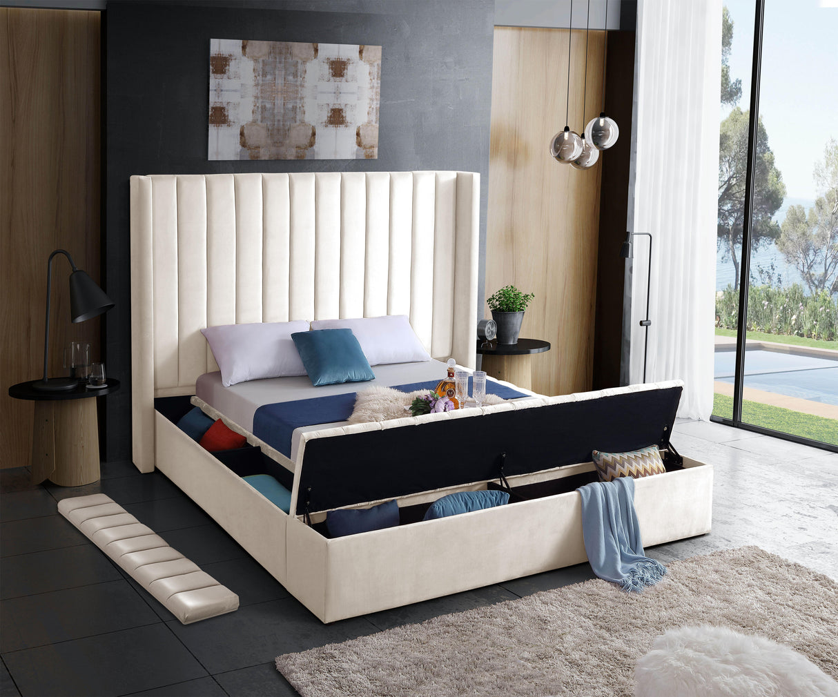 Kiki Cream Velvet King Bed (3 Boxes) - galleria furniture outlet