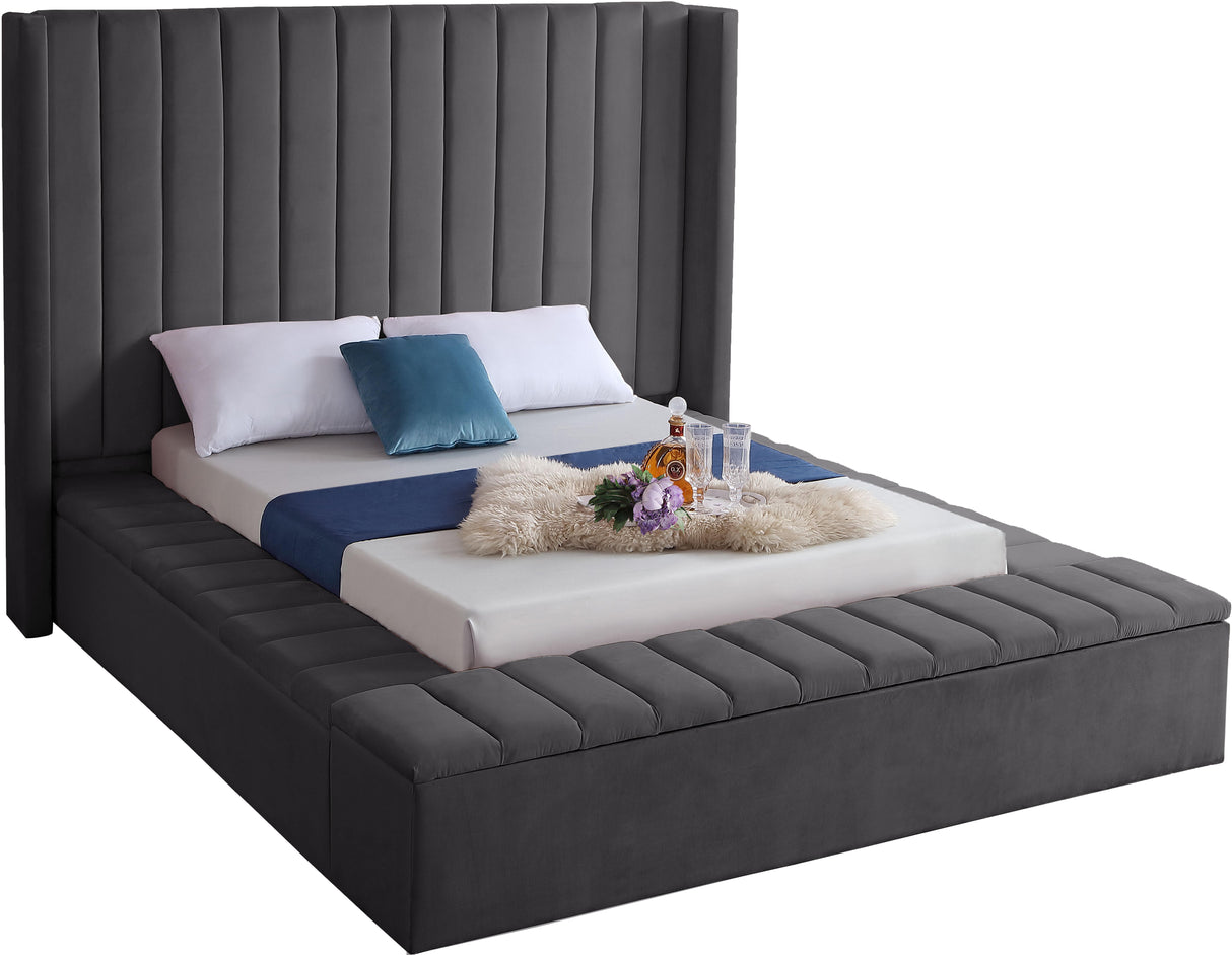 Kiki Grey Velvet King Bed (3 Boxes) - galleria furniture outlet