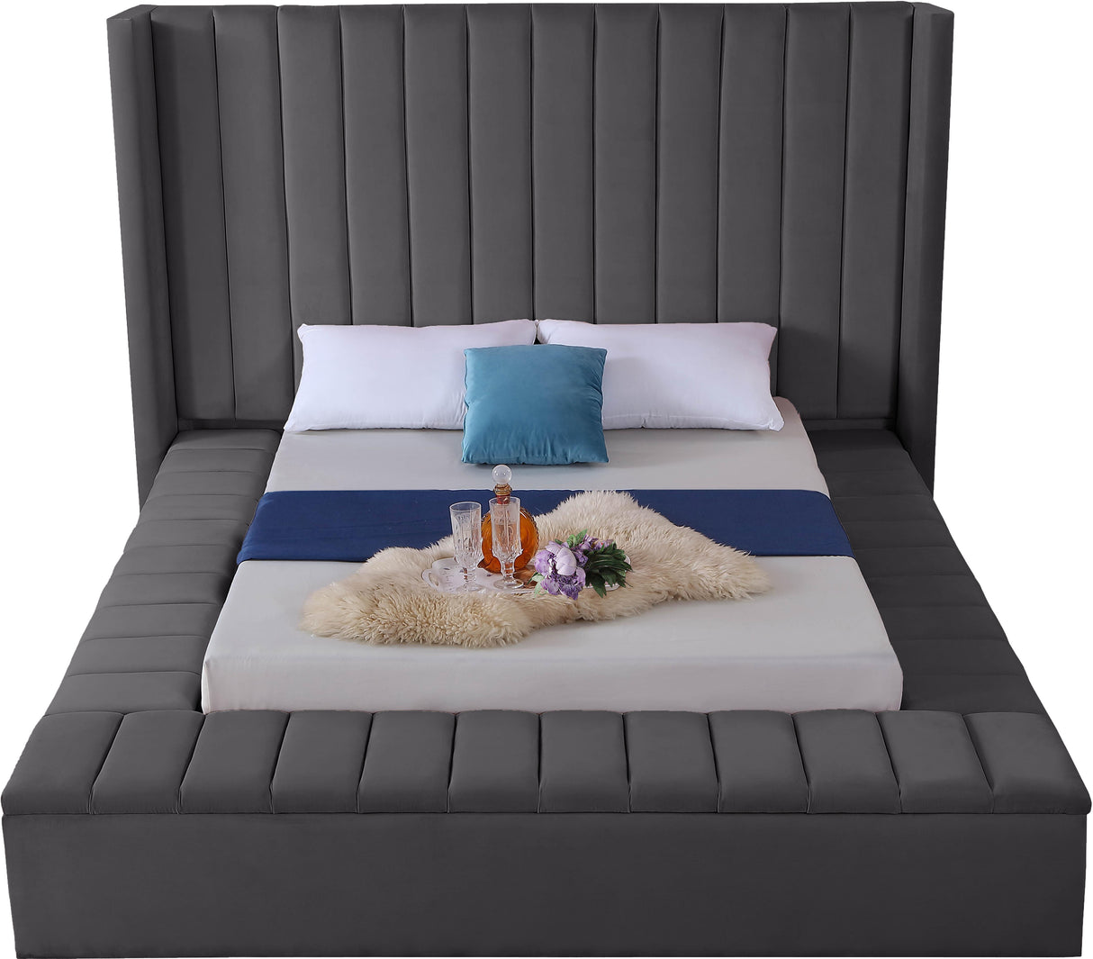 Kiki Grey Velvet King Bed (3 Boxes) - galleria furniture outlet