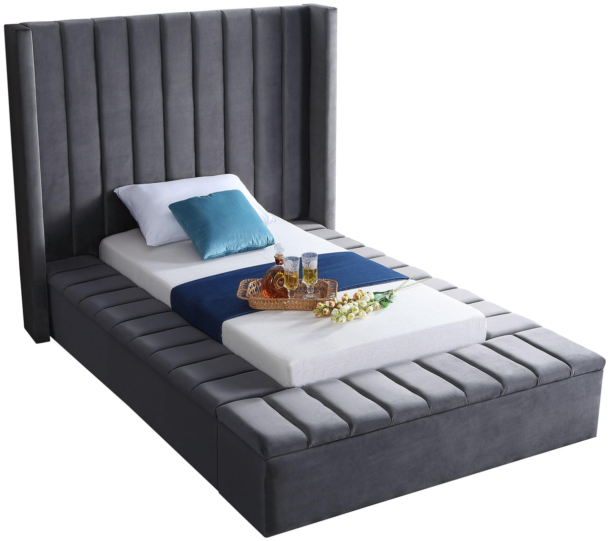 Kiki Grey Velvet Twin Bed (3 Boxes) - galleria furniture outlet